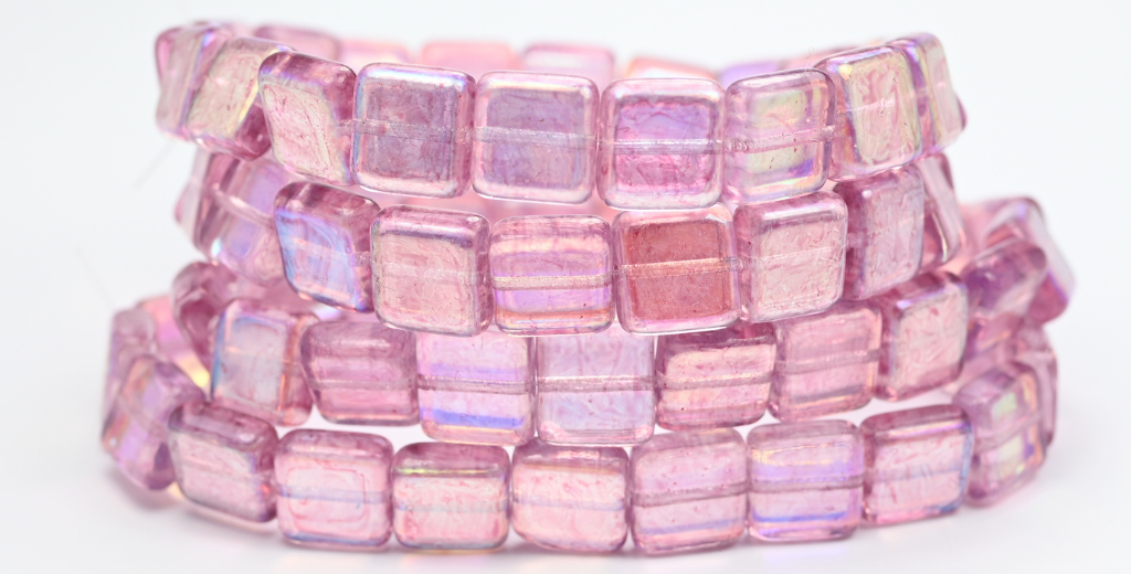 フラットスクエアプレスガラスビーズ、クリスタルライトフクシアピンクAB(00030-34306-AB)、ガラス、チェコ共和国〜STRANDED