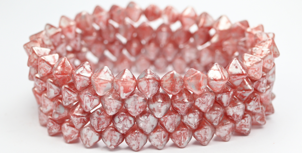 平らな双円錐形のプレスビーズ、ミックスカラーレッドシルバースプラッシュ(MIX-RED-86700)、ガラス、チェコ共和国〜STRANDED