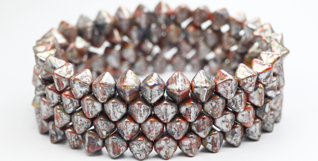 平らな双円錐形のプレスビーズ、カラー2 シルバースプラッシュ(COLOR-2-86700)、ガラス、チェコ共和国 ~ STRANDED