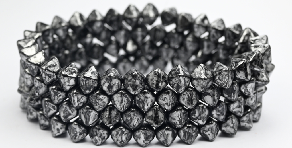 平らな双円錐形のプレスビーズ、ブラックシルバースプラッシュ(23980-86700)、ガラス、チェコ共和国~STRANDED