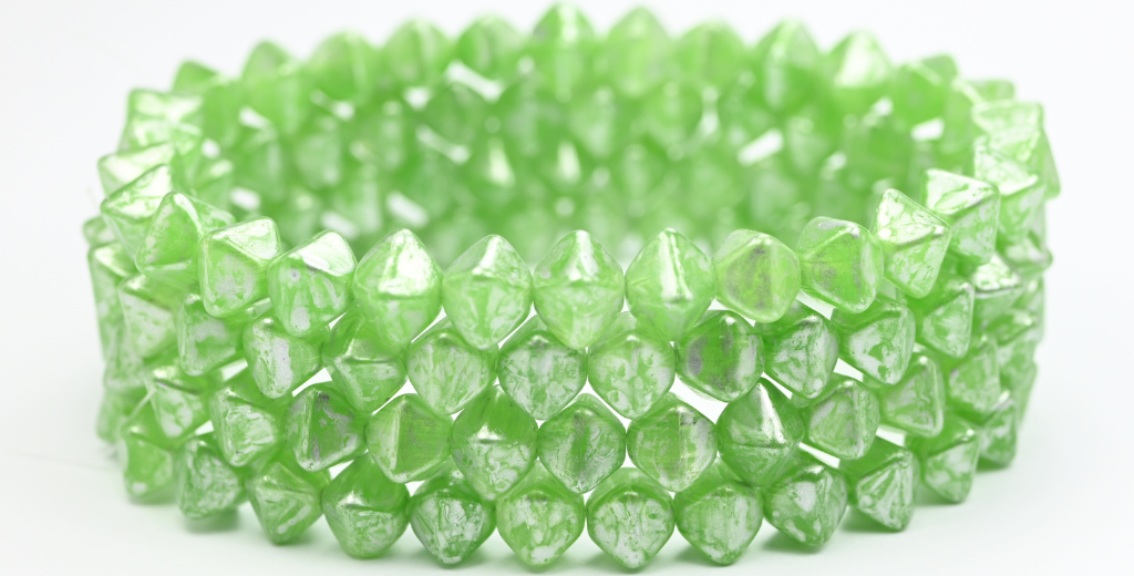 扁平双锥压制珠,蛋白石绿银飞溅(52010-86700),玻璃,捷克共和国〜STRANDED