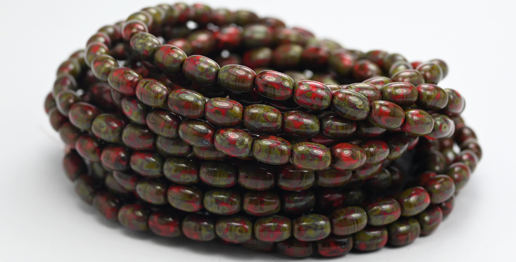 橄榄椭圆形压制玻璃珠,不透明红色石灰华 (93200-86800),玻璃,捷克共和国 ~ STRANDED