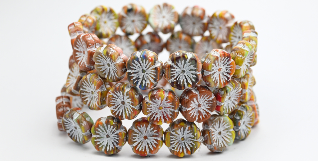 Hawaii Flower Pressed Glass Beads, Mixed Colors Brown White Lined (MIX-BROWN-46401), Glass, Czech Republic ~ STRANDED