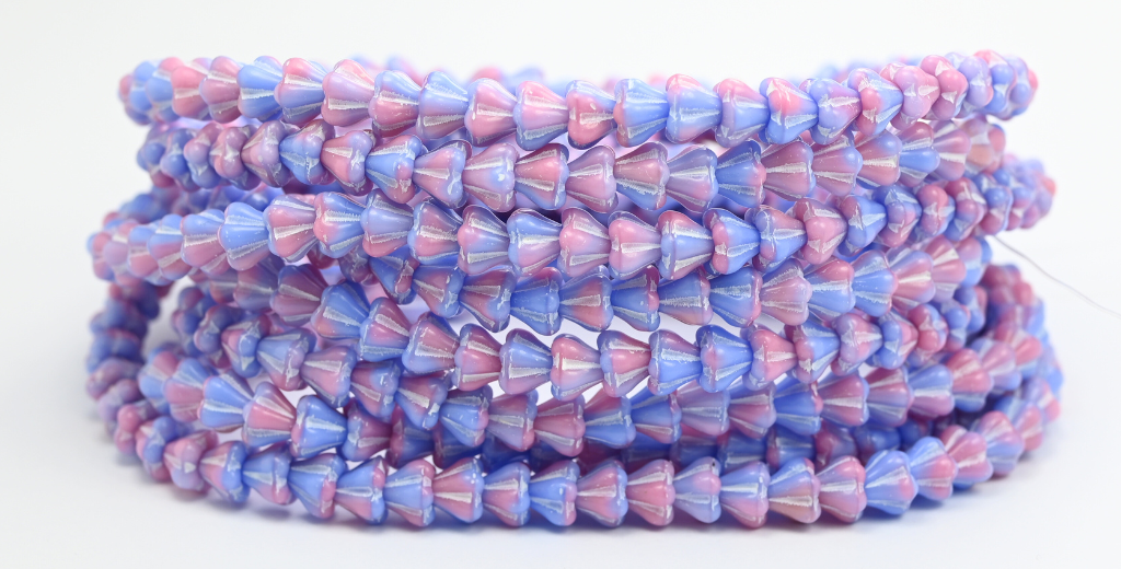 Bell Flower Pressed Glass Beads, Mix Blue Pink Opaque White Lined (37724-46401), Glass, Czech Republic ~ STRANDED