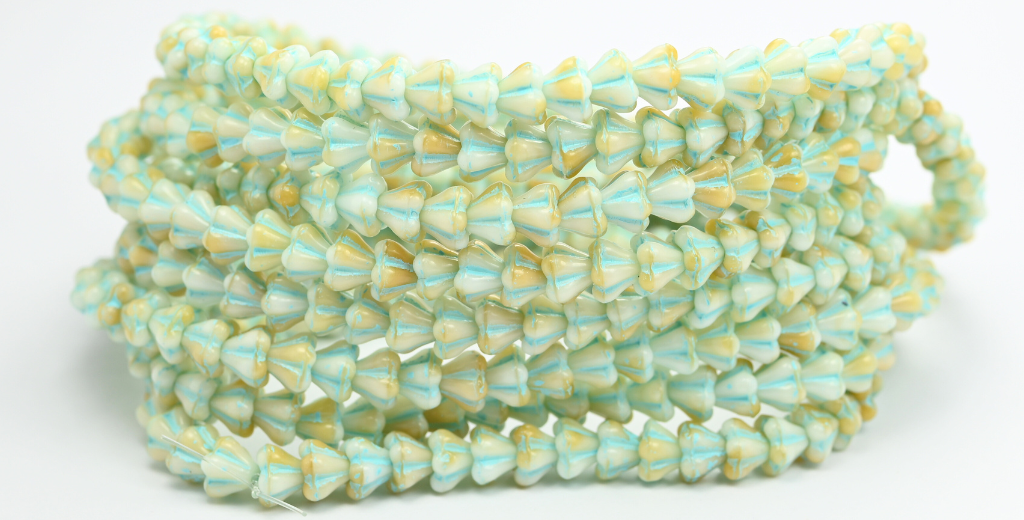 ベルフラワープレスガラスビーズ、ダークベージュライトブルーライン(07193-54308)、ガラス、チェコ共和国~STRANDED