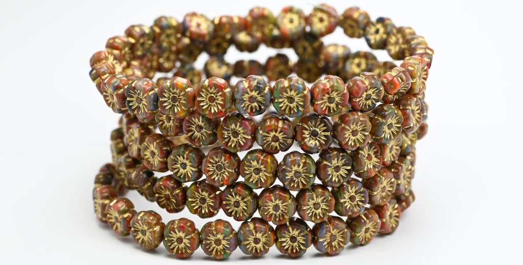 Hawaii Flower Pressed Glass Beads, Brown Mixed Colors Gold Lined (BROWN-MIX-54202), Glass, Czech Republic ~ STRANDED