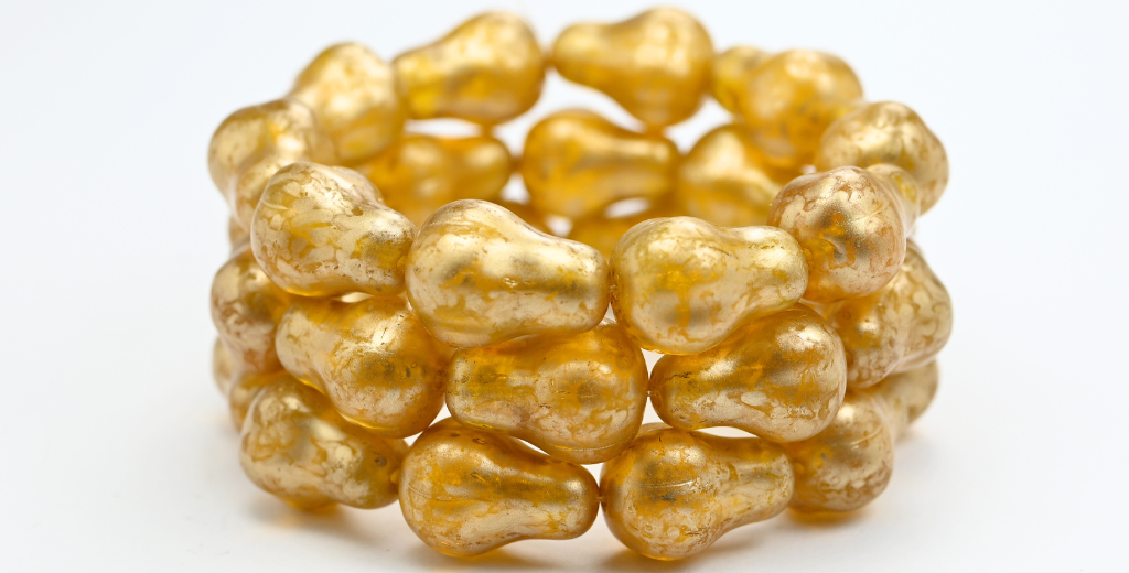 Pear Fruit Pressed Glass Beads, Transparent Yellow Gold Splash (80040-86720), Glass, Czech Republic ~ STRANDED