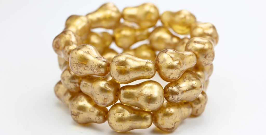 梨の実のプレスガラスビーズ、透明ライトトパーズイエローゴールドスプラッシュ(10020-86720)、ガラス、チェコ共和国~STRANDED