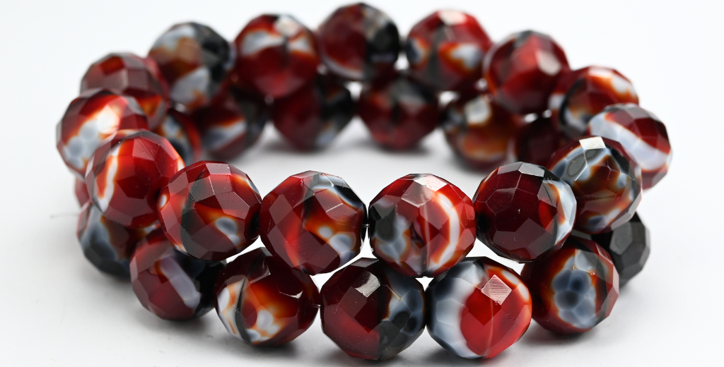 Fire Polished Round Faceted Beads, Striped Dark Red (26907), Glass, Czech Republic ~ STRANDED