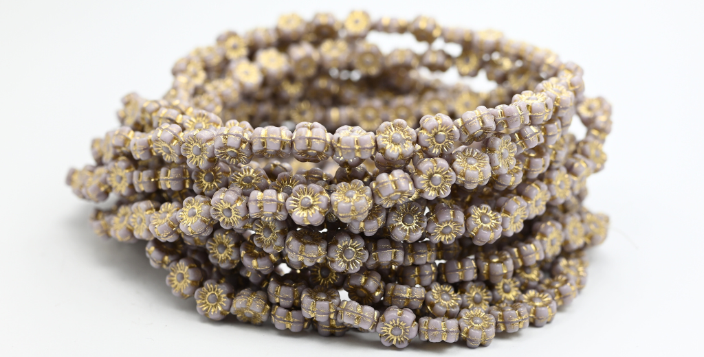 Hawaii Flower Pressed Glass Beads, Opaque Amethyst Gold Lined (23010-54202), Glass, Czech Republic ~ STRANDED