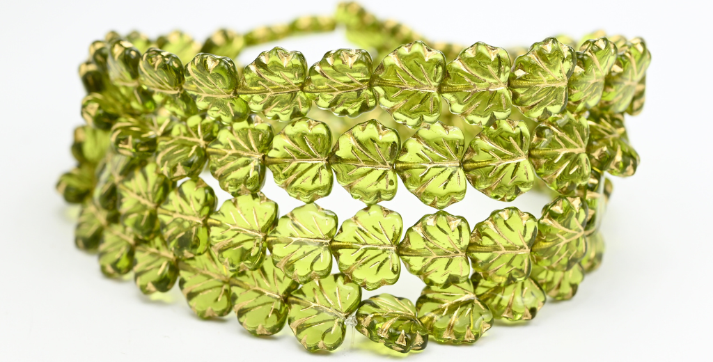 メープルリーフビーズ、透明グリーンゴールドライン(50200-54202)、ガラス、チェコ共和国~STRANDED