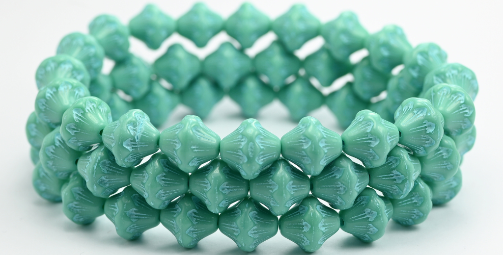 ランタンプレスガラスビーズ、ターコイズライトブルーライン(63130-54308)、ガラス、チェコ共和国~STRANDED