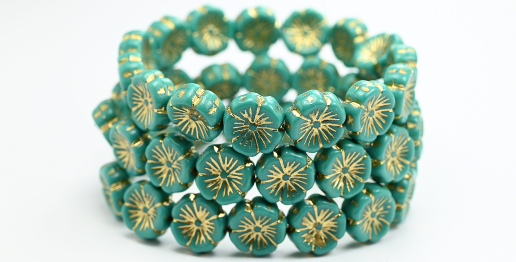 OUTLET 10 grams Hawaiian Flower Beads, 14 x 14 mm, Turquoise Gold Lined (63130-54202), Glass, Czech Republic