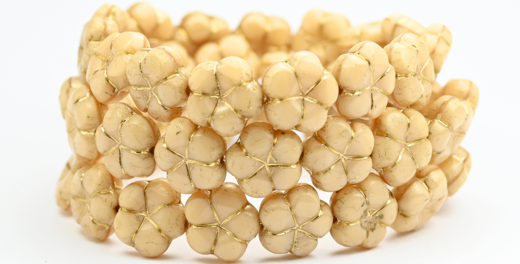 5枚の花びらフラワープレスビーズ、光沢ホワイトハーフコーティングゴールドライン(14000-54202)、ガラス、チェコ共和国~STRANDED