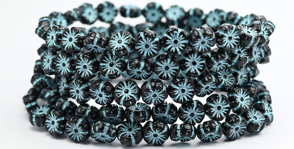 ハワイアンフラワー プレストガラスビーズ、ブラックライトブルーライン入り(23980-54308)、ガラス、チェコ共和国~STRANDED