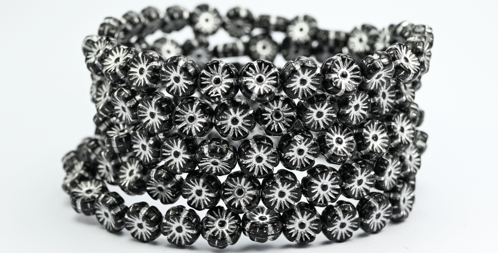 Hawaii Flower Pressed Glass Beads, Black White Lined (23980-46401), Glass, Czech Republic ~ STRANDED