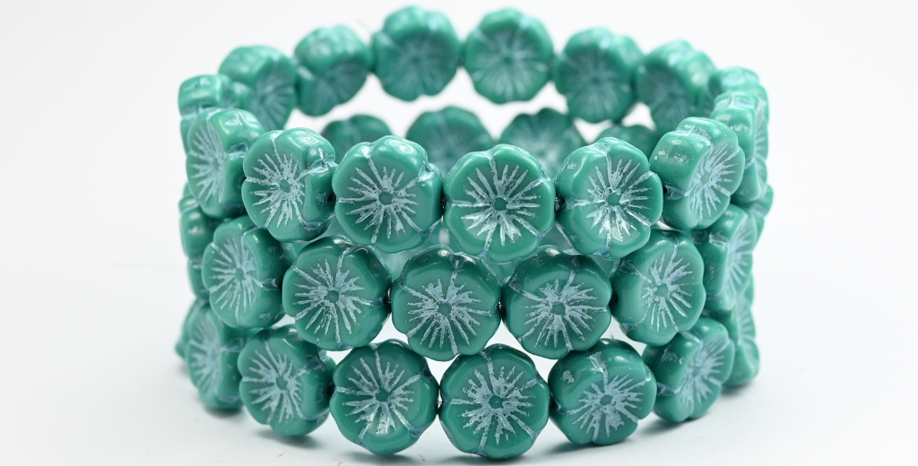 Hawaii Flower Pressed Glass Beads, Turquise Blue Lined (63140-54323), Glass, Czech Republic ~ STRANDED