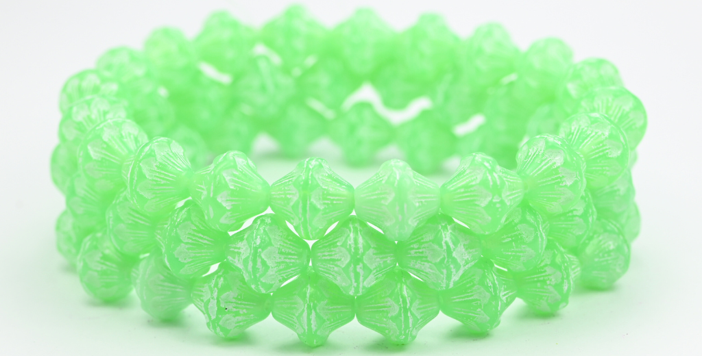 ランタンプレスガラスビーズ、オパールグリーンホワイトライン(51010-46401)、ガラス、チェコ共和国~STRANDED