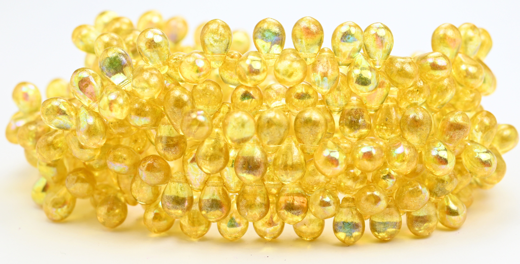 Pear Teardrop Pressed Glass Beads, Crystal Light Yellow Ab (00030-34302-AB), Glass, Czech Republic ~ STRANDED