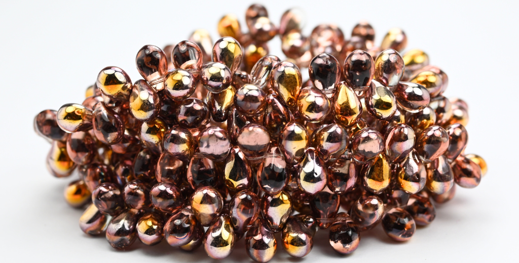 Pear Teardrop Pressed Glass Beads, Crystal Rose Gold Capri (00030-27101), Glass, Czech Republic ~ STRANDED