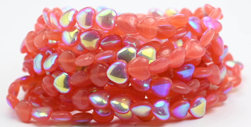 Heart Pressed Glass Beads, Opal Pink Ab (71010-AB), Glass, Czech Republic ~ STRANDED