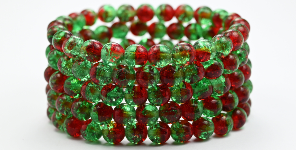 ラウンドプレスガラスビーズ Druck、ルビーレッド 50600 クラック (90080-50600-CRACK)、ガラス、チェコ共和国 ~ STRANDED