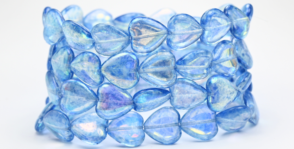 ハート型プレスガラスビーズ、クリスタルライトブルーAb(00030-34307-AB)、ガラス、チェコ共和国~STRANDED