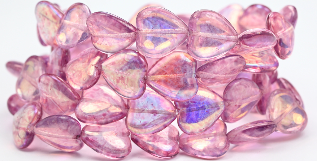 ハート型プレスガラスビーズ、クリスタルライトフクシアピンクAB(00030-34306-AB)、ガラス、チェコ共和国~STRANDED