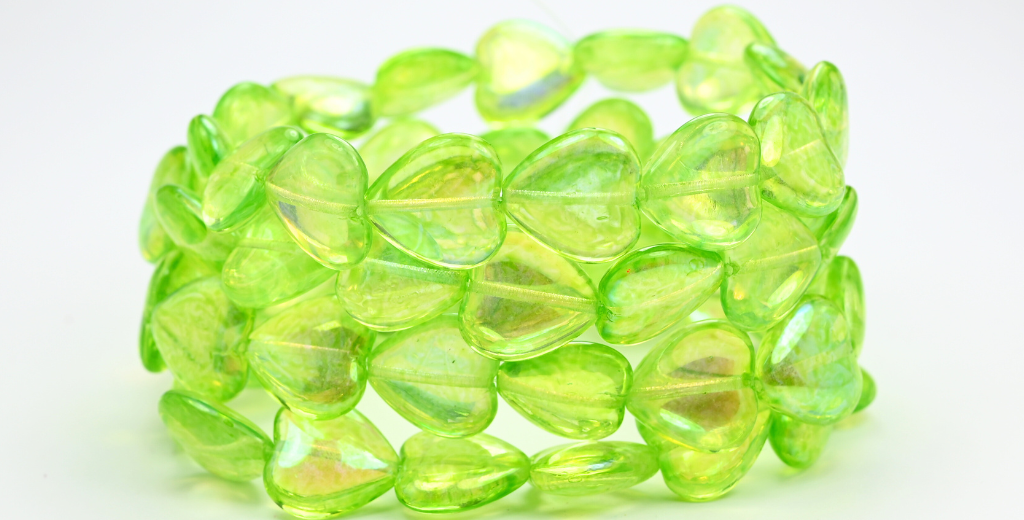 Heart Pressed Glass Beads, Crystal Light Green Ab (00030-34310-AB), Glass, Czech Republic ~ STRANDED