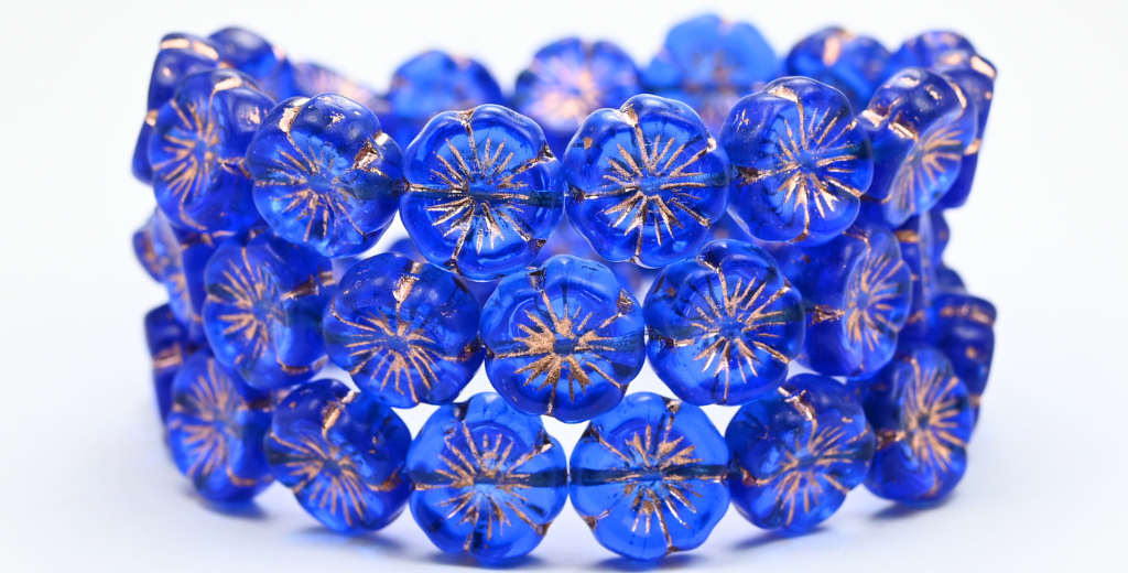 ハワイの花の押しガラスビーズ、透明ブルー銅線入り(30060-54200)、ガラス、チェコ共和国~STRANDED