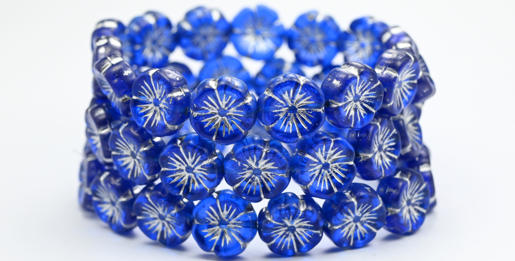 Hawaii Flower Pressed Glass Beads, Transparent Blue Silver Lined (30060-54201), Glass, Czech Republic ~ STRANDED