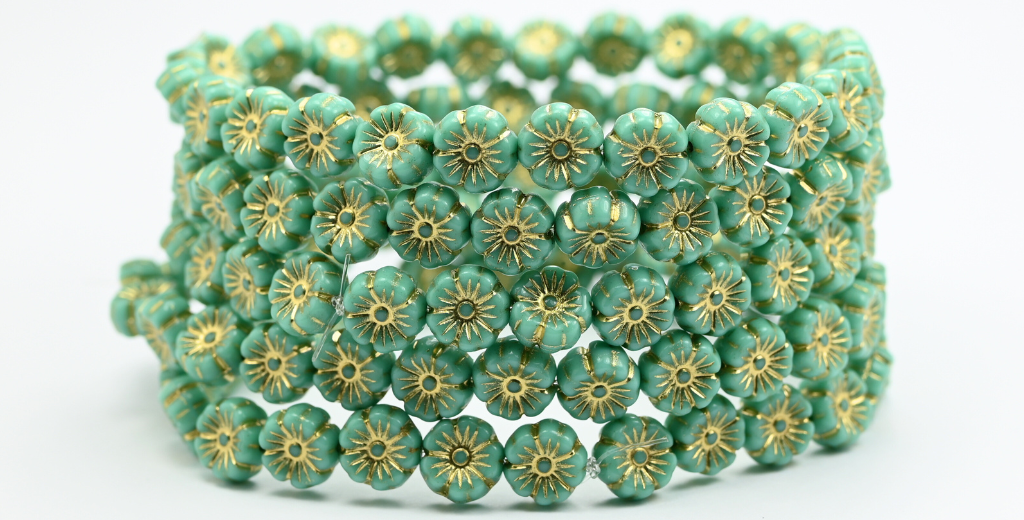 ハワイの花の押しガラスビーズ、不透明グリーンゴールドライン(53120-54202)、ガラス、チェコ共和国~STRANDED