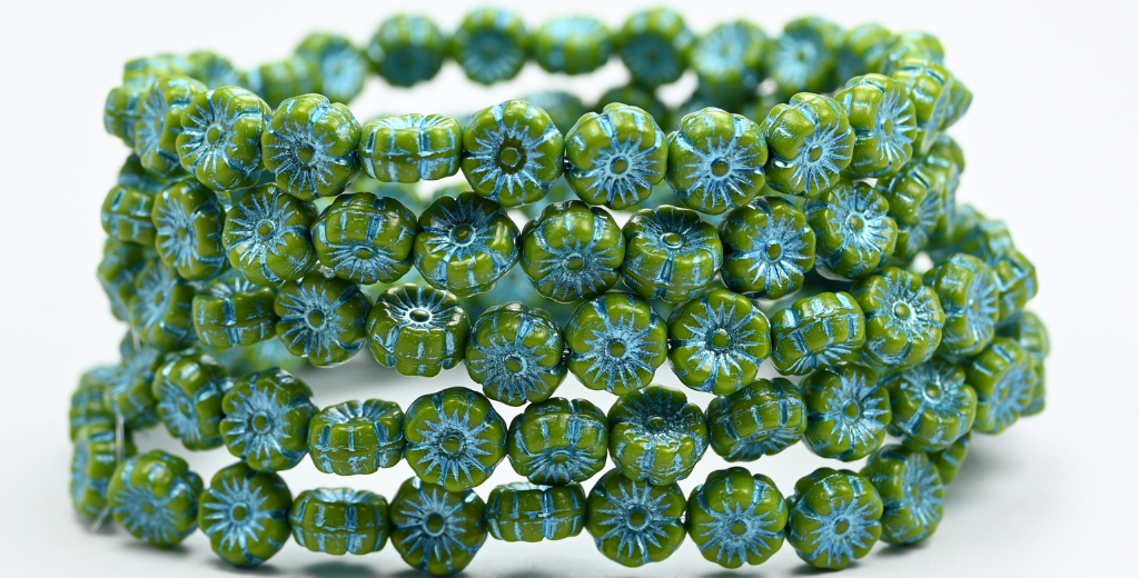 ハワイアンフラワー プレスガラスビーズ グリーンブルーライン (53420-54323) ガラス チェコ共和国 ~ STRANDED