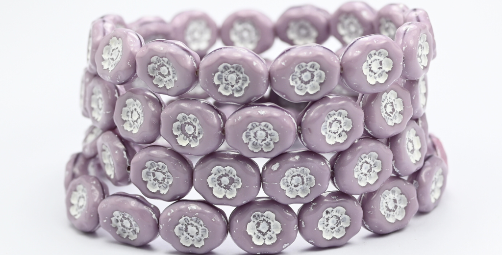 オーバル型押しガラスビーズ(花柄)、シルキーラベンダーホワイトライン入り(21350-46401)、ガラス、チェコ共和国~STRANDED