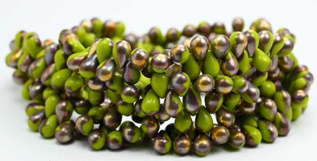 梨形水滴压制玻璃珠,不透明绿色玫瑰金卡普里色 (53400-27101),玻璃,捷克共和国 ~ 串珠