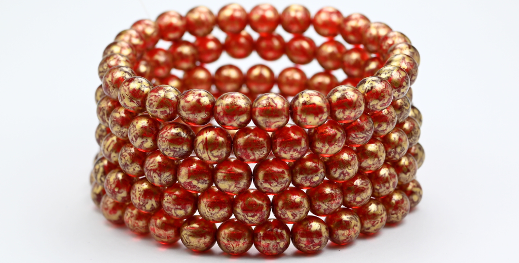 ラウンドプレスガラスビーズDruck、ルビーレッドゴールドスプラッシュ(90080-86720)、ガラス、チェコ共和国〜STRANDED