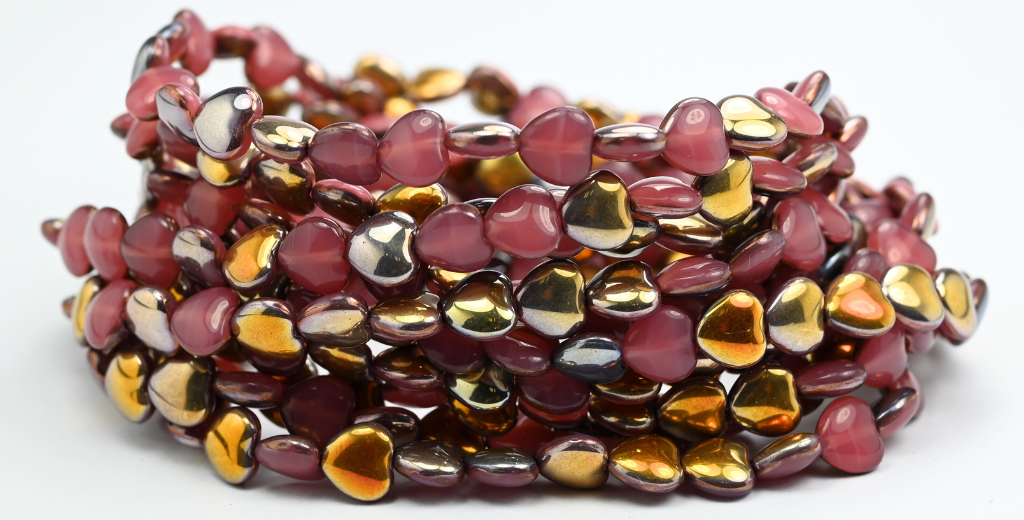 Heart Pressed Glass Beads, Opal Pink Rose Gold Capri (71010-27101), Glass, Czech Republic ~ STRANDED