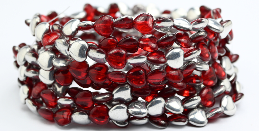 Heart Pressed Glass Beads, Ruby Red Crystal Silver Half Coating (90080-27001), Glass, Czech Republic ~ STRANDED