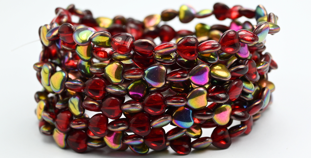 Heart Pressed Glass Beads, Ruby Red Vitex (90080-VITEX), Glass, Czech Republic ~ STRANDED