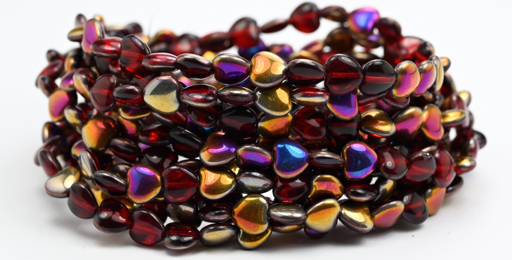 Heart Pressed Glass Beads, Ruby Red Sliperit (90080-29500), Glass, Czech Republic ~ STRANDED