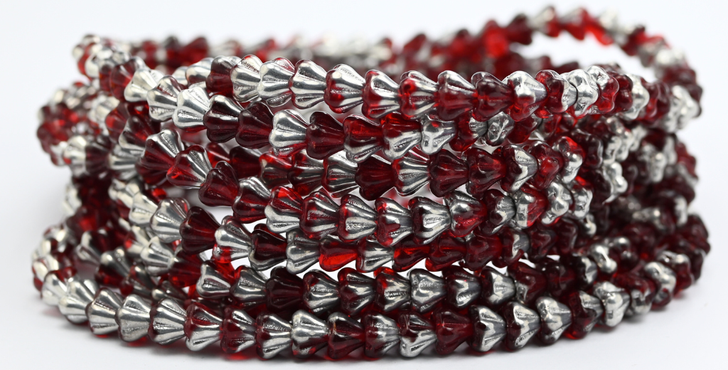 Bell Flower Pressed Glass Beads, Ruby Red Crystal Silver Half Coating (90080-27001), Glass, Czech Republic ~ STRANDED