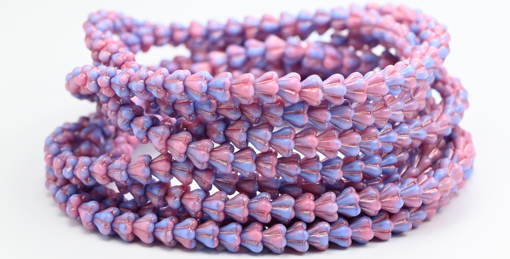 ベルフラワープレスガラスビーズ、ミックスブルーピンク不透明ピンクライン入り(37724-54321)、ガラス、チェコ共和国~STRANDED