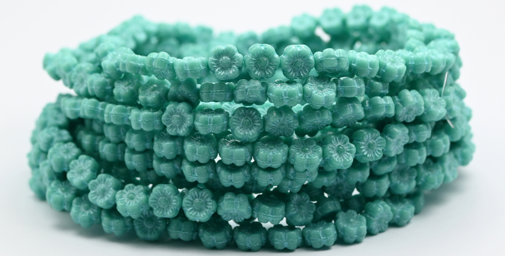 Hawaii Flower Pressed Glass Beads, Opaque Green Light Blue Lined (53130-54308), Glass, Czech Republic ~ STRANDED