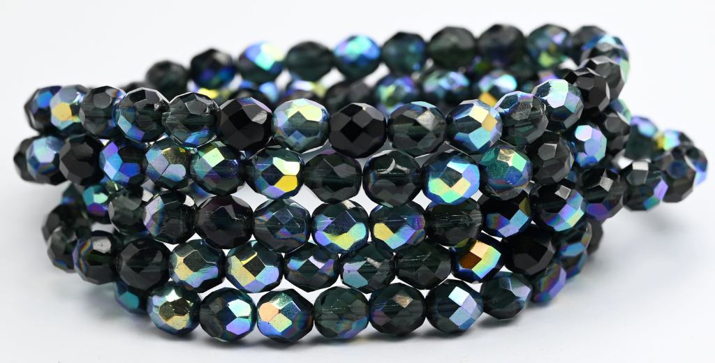 Fire Polished Round Faceted Beads, Mixed Colors Blue Green Black Ab (MIX-BLUE-GREEN-BLACK-AB), Glass, Czech Republic ~ STRANDED