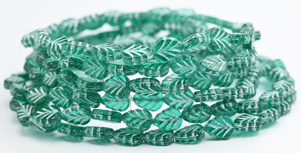 丁香叶压制玻璃珠,透明绿色,内衬白色(50720-46401),玻璃,捷克共和国 ~ 串珠
