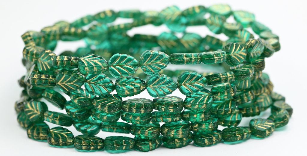 丁香叶压花玻璃珠,透明翠绿色镶金边 (50720-54202),玻璃,捷克共和国 ~ 串珠