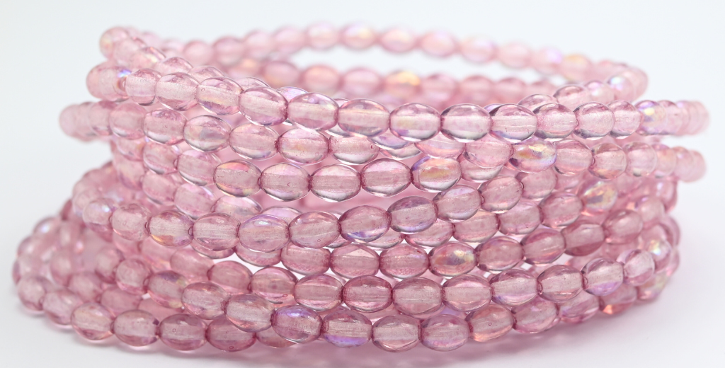 Olive Oval Pressed Glass Beads, Chalk White Light Fuchsia Pink Ab (03000-34306-AB), Glass, Czech Republic ~ STRANDED