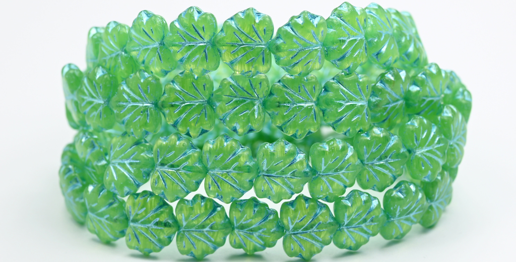 枫叶珠,蛋白石绿蓝内衬(51010-54323),玻璃,捷克共和国 ~ 串珠