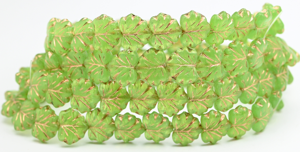 枫叶珠,蛋白石绿铜衬里(51010-54200),玻璃,捷克共和国 ~ 串珠