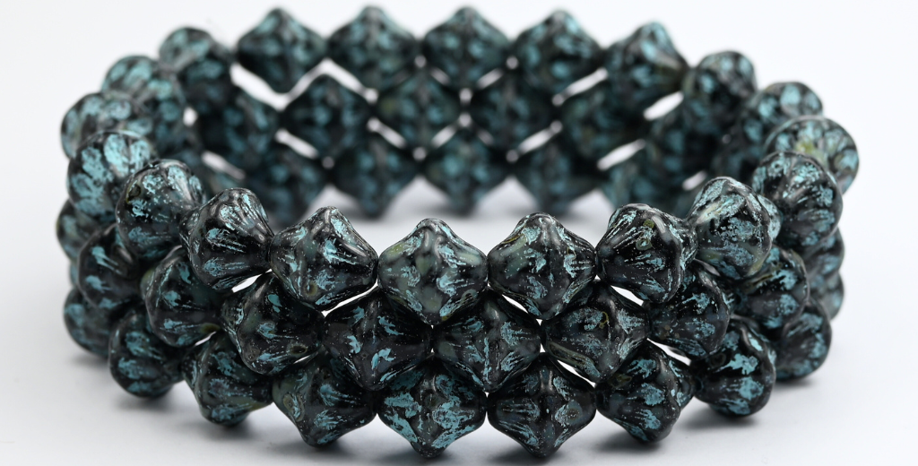 ランタンプレスガラスビーズ、ブラックトラバーチンライトブルーライン(23980-86-54308)、ガラス、チェコ共和国~STRANDED
